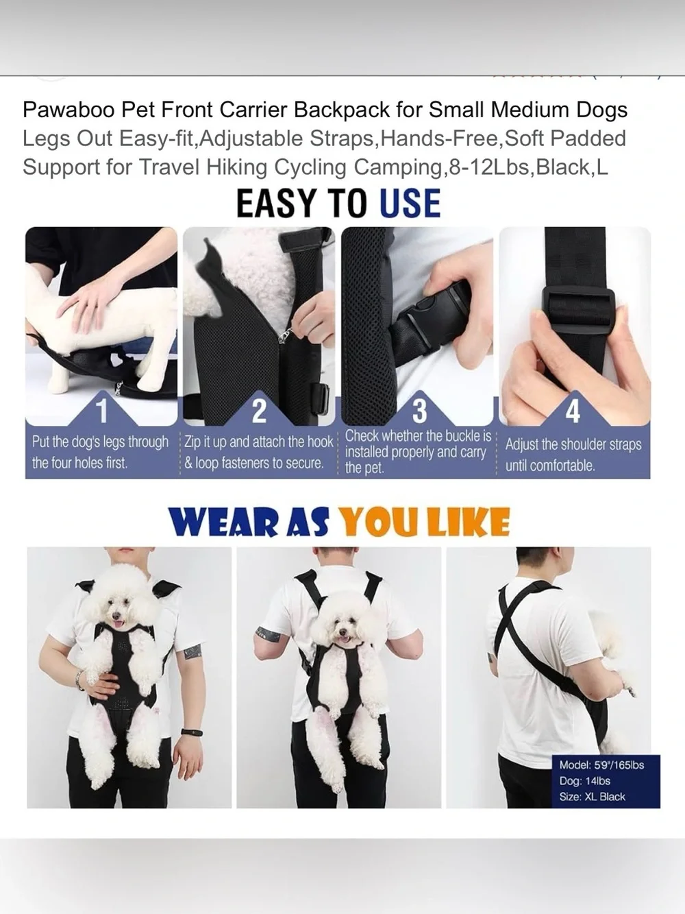 Pawaboo Black Front Dog Carrier Backpack - Hands-Free Pet Travel